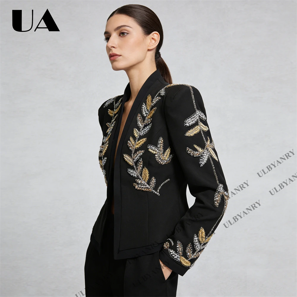 UA Spring 2026 Women Suit Jacket Gold & Silver Leaf Beaded Embroidery Red Carpet Gala Event Luxury Blazer for Formal Occasions
