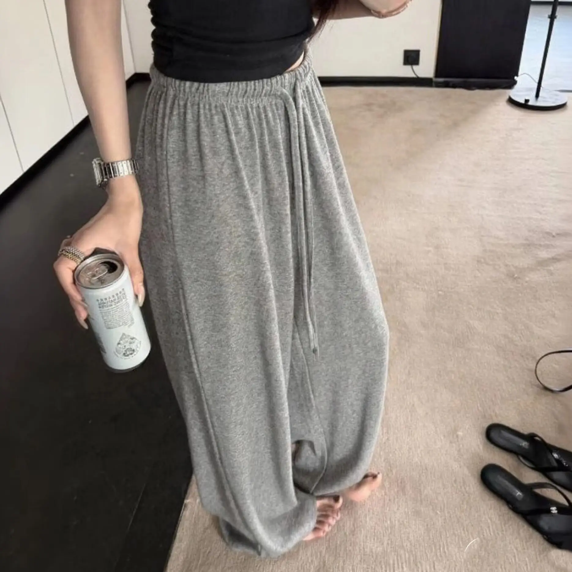Women Casual Wide Leg Pant Solid Fashion Elastic Waist Drawstring Trousers Jogging American Sweatpants Street Korean Trouser