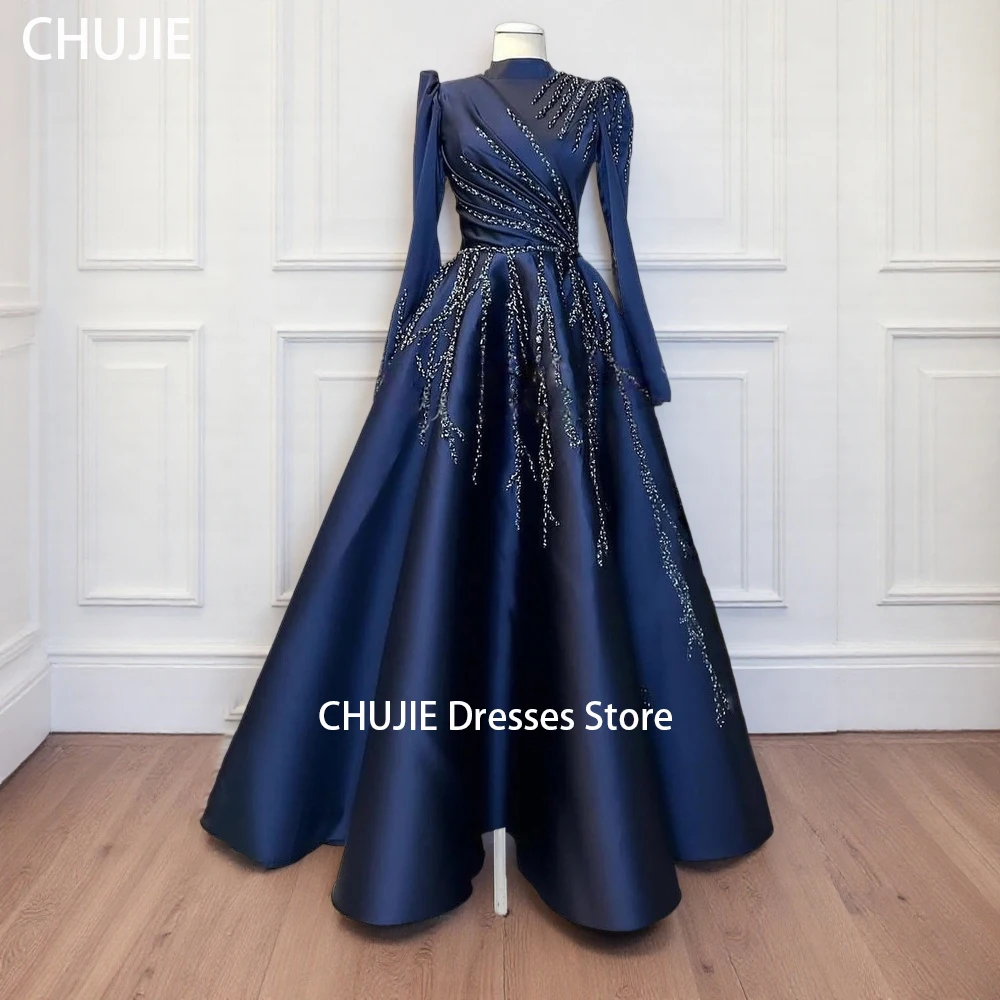 

Dark Navy Satin Long Sleeve Evening Dresses Woman Beads Draped Wedding Dress Party Gowns Dubai Arabia فستان المساء Customized