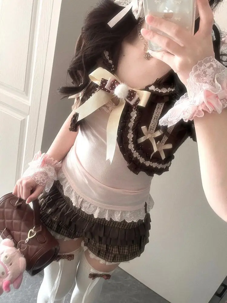 Ancient Sweet Summer Japanese Cute Lace Outside+cake Skirt+sling Three-piece Set Kawaii Fashion Design Slim Patchwork Suit New