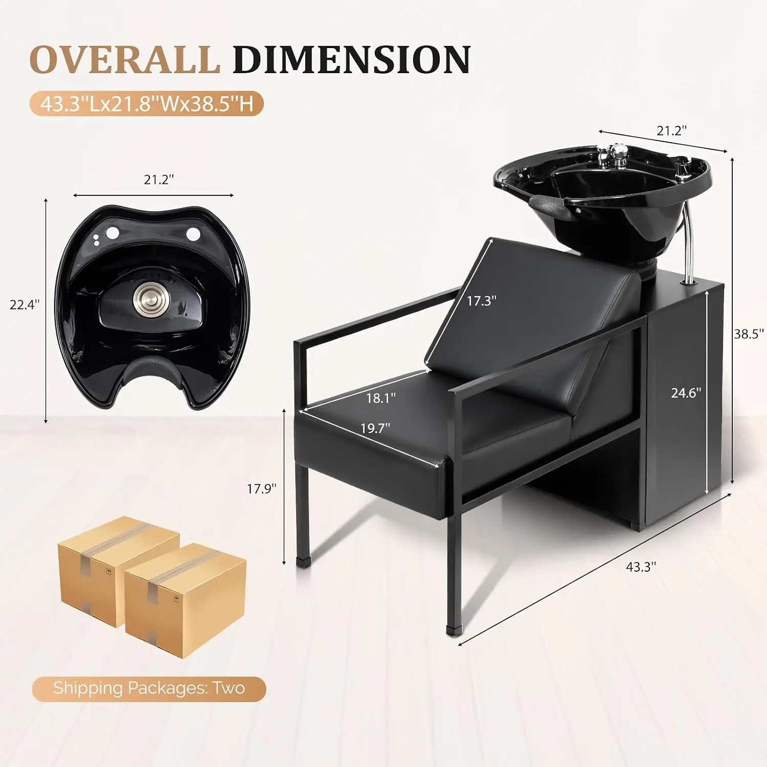 Salon Shampoo Bowl & Chair, Tilting Sink Hair Washing Station w/Storage Cabinet, Backwash Barber Chair for Spa, Customized
