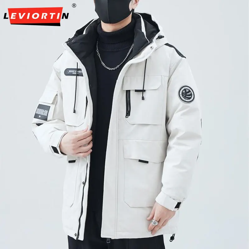 Men's Cargo White Duck Down Hooded Jacket Fall Winter Loose Thick Warm Oudoor Trekking Stormsuit Travel Windbreaker Down Coats