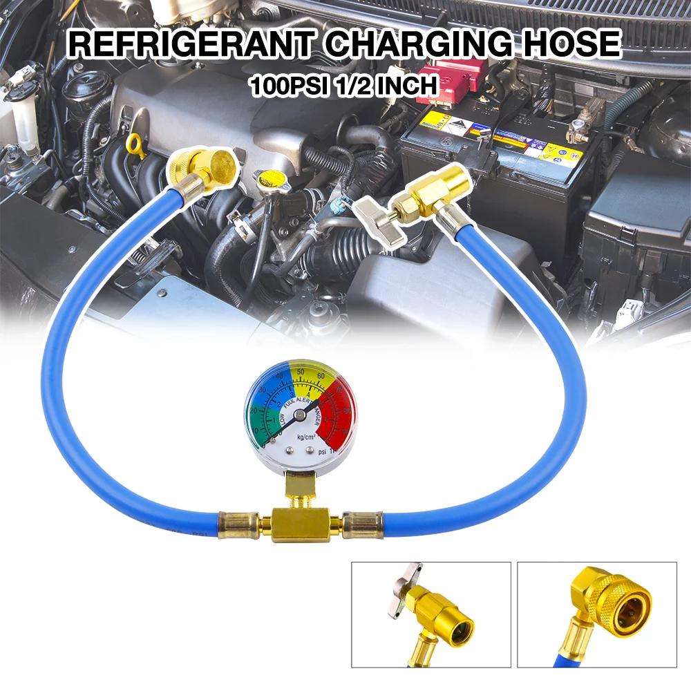 R134A Car AC Refrigerant Charge Hose Kit, Car Air Conditioning Recharge Hose with Gauge for Measuring Low-Pressure