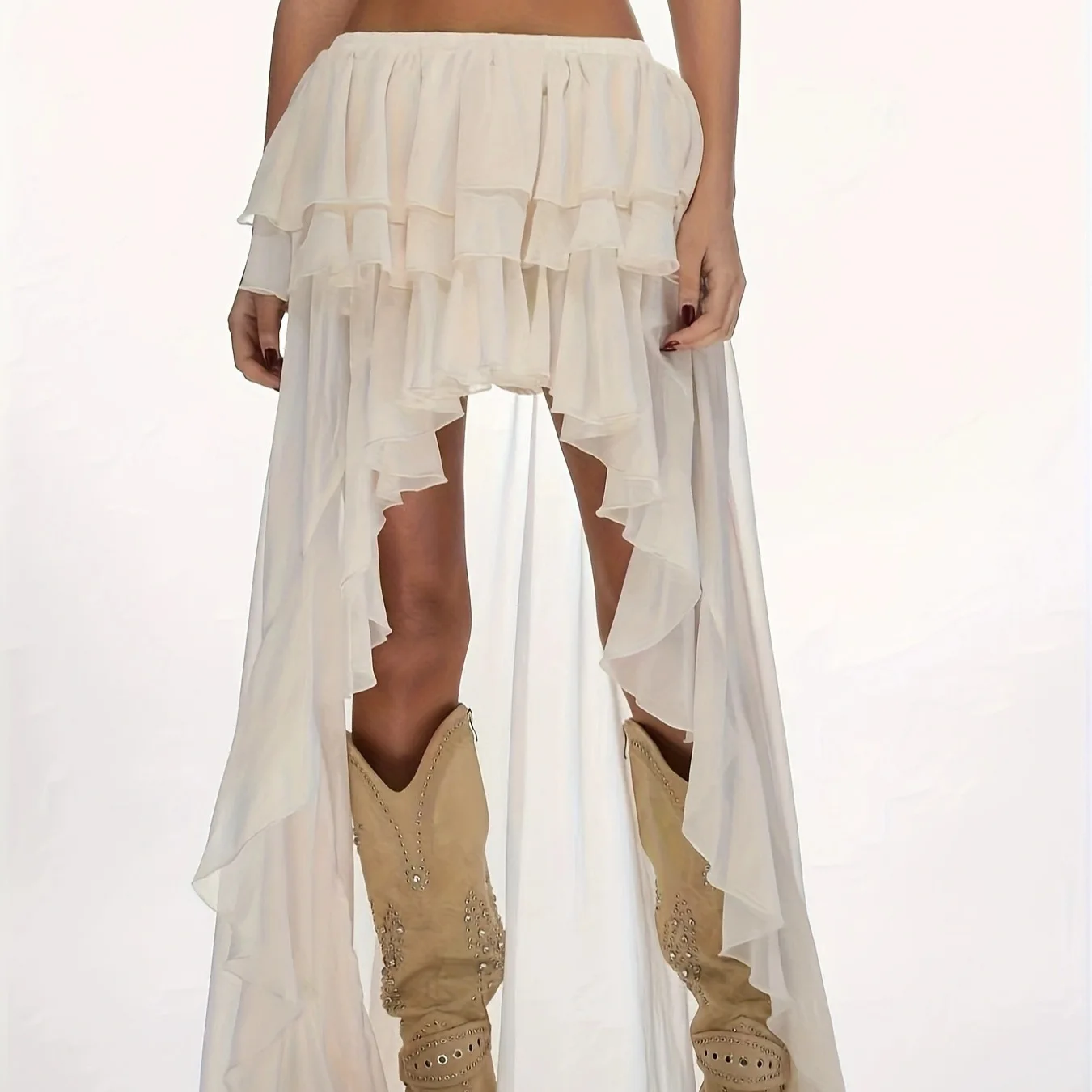2026 New Cross-Border Women's High-Low Hem Bohemian Style Half Skirt Layered Waterfall Skirt Elegant A-Line Teenage Polyester