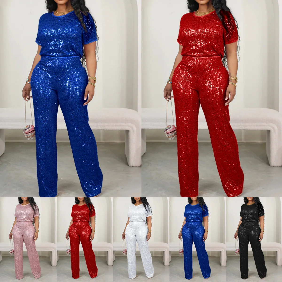 African Clothes for Women 2 Piece African Short Sleeve Spring Summer Elegant O-neck Top Long Pant Matching Sets Sequin Outfits
