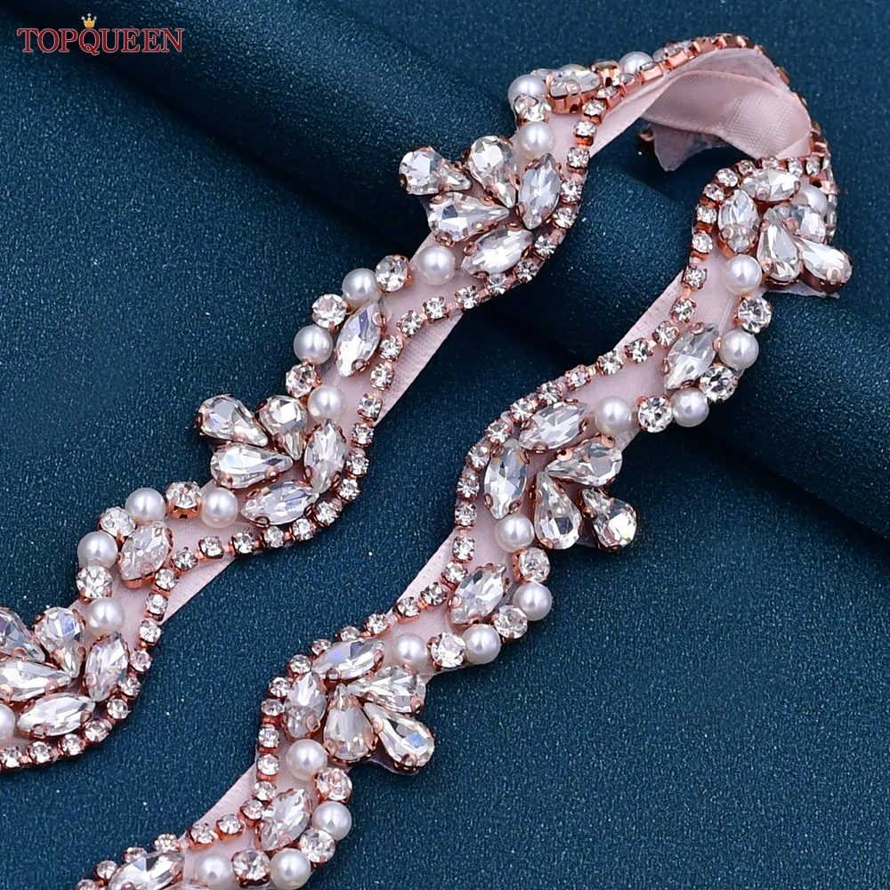 TOPQUEEN S421-RG Bridal Belt Luxury Rose Gold Decoration for Bride Women Wedding Party Evening Gown Dresses Handmade Beaded Sash