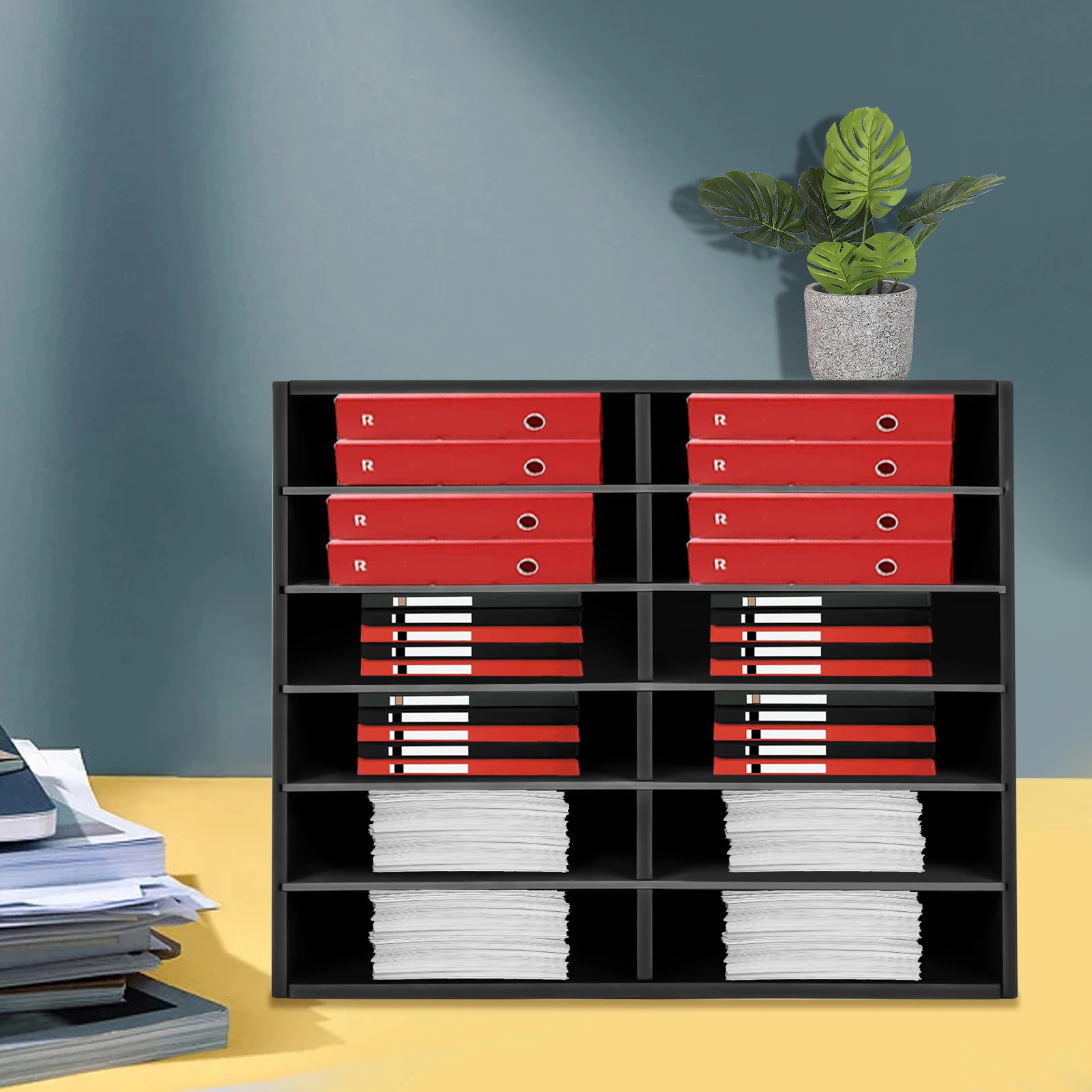 

Adjustable Desktop Literature Organizer, File Sorter & Mail Center, Magazine Holder with 12 Compartments, Paper Storage Cabinet