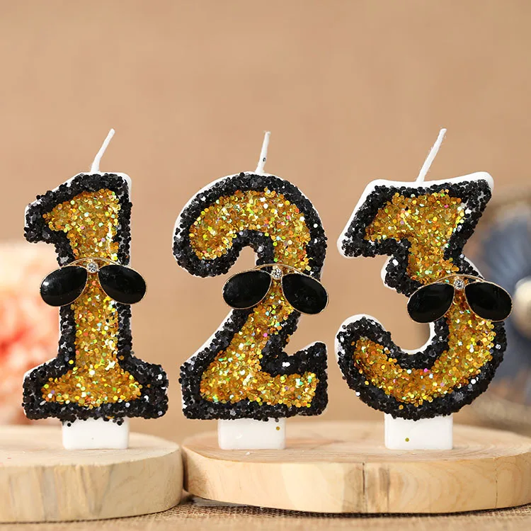 Y Children Birthday Candles 0-9 Number Yellow Sequins Candle with Sunglasses Festive Candle for Anniversary Cake Party Celebrate