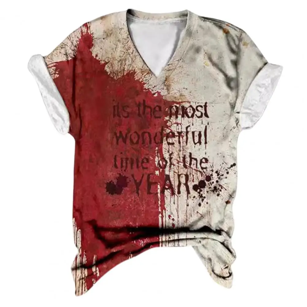 Women Halloween Blood Print Top V-neck Top Halloween Women's V-neck T-shirt with Blood Print Cosplay Festivals Pullover Top