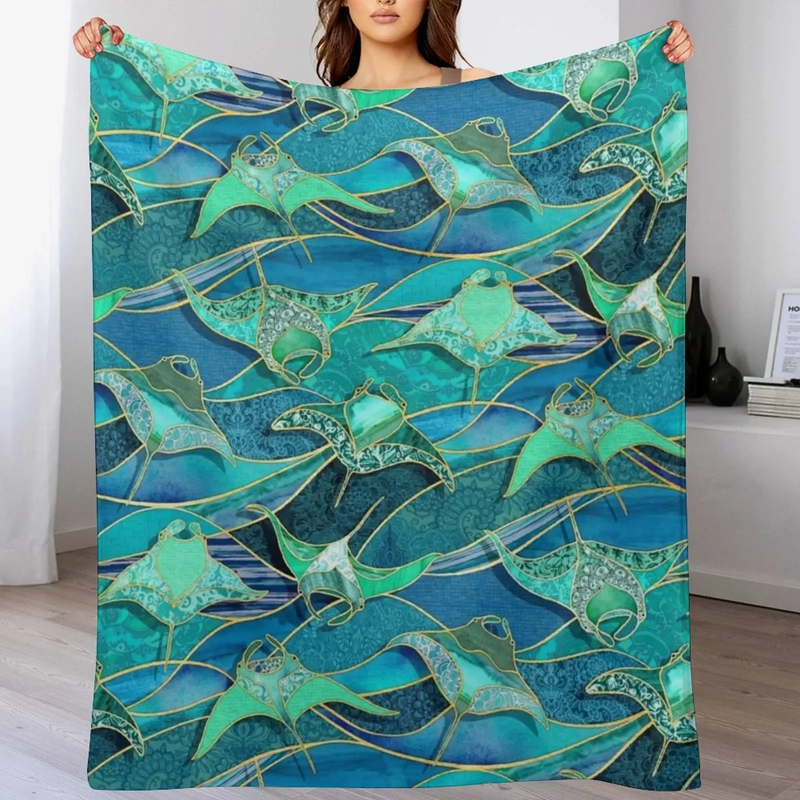 Patchwork Manta Rays in Teal Blue and Jade Green Throw Blanket Luxury Designer manga Sofa Sofas Blankets