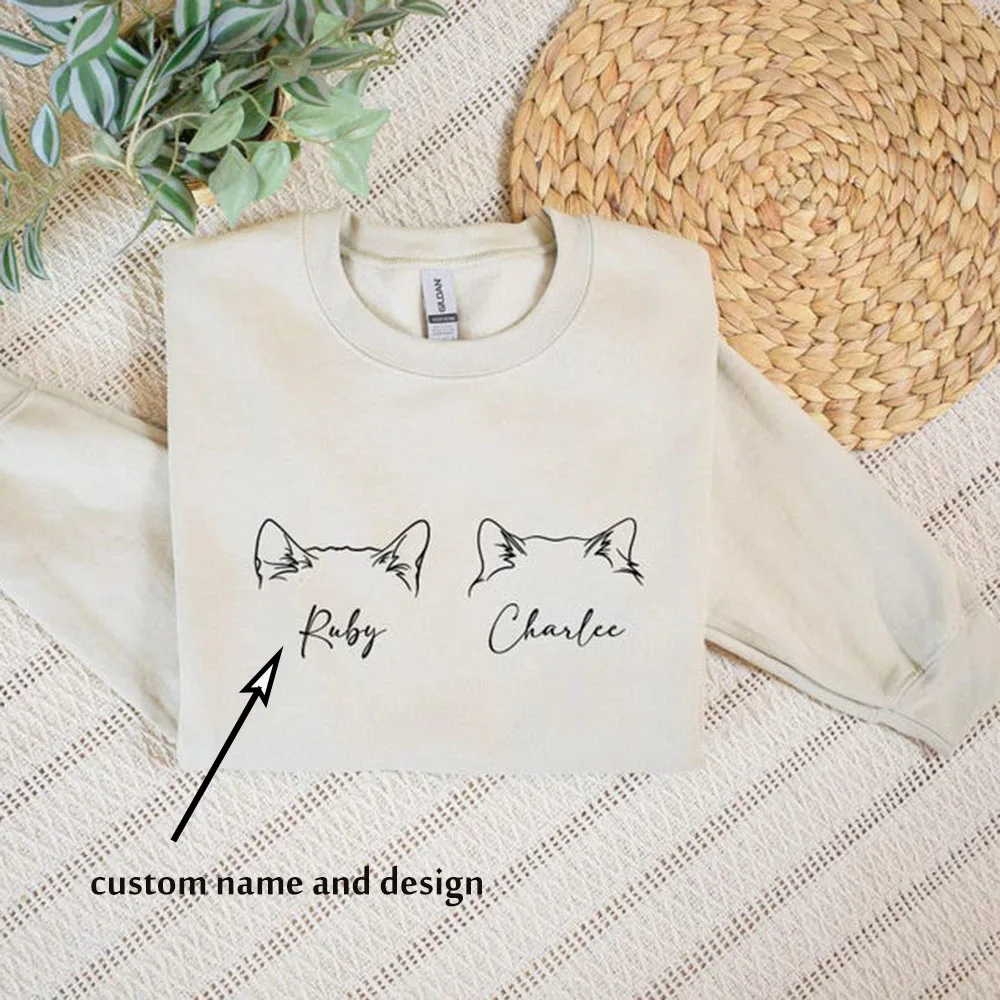 

Personalized Cat Ears Sweatshirt Custom Cat Name Sweatshirt Cat Mom Dad Gift for Pet Lovers Customizable Pet Name Round Neck