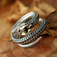 Buyee 925 Sterling Silver Male Big Ring Horned snake Open Ring Finger for Men Women Fashion Unique Rock Punk Fine Jewelry Circle