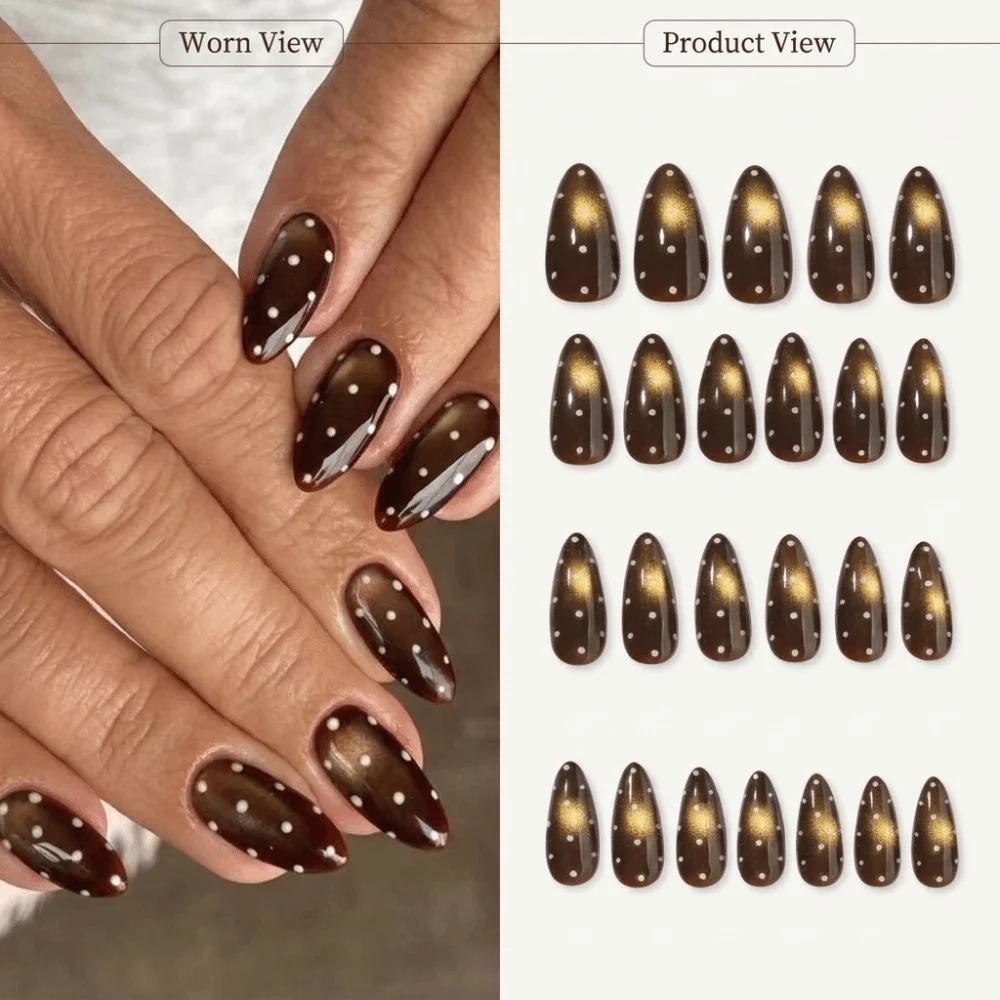 24pcx/Box Finished Detachable Press On Nails Brown Short Length Almond Fake Nails Cat Eye Polka dot False Nails Women/Girls