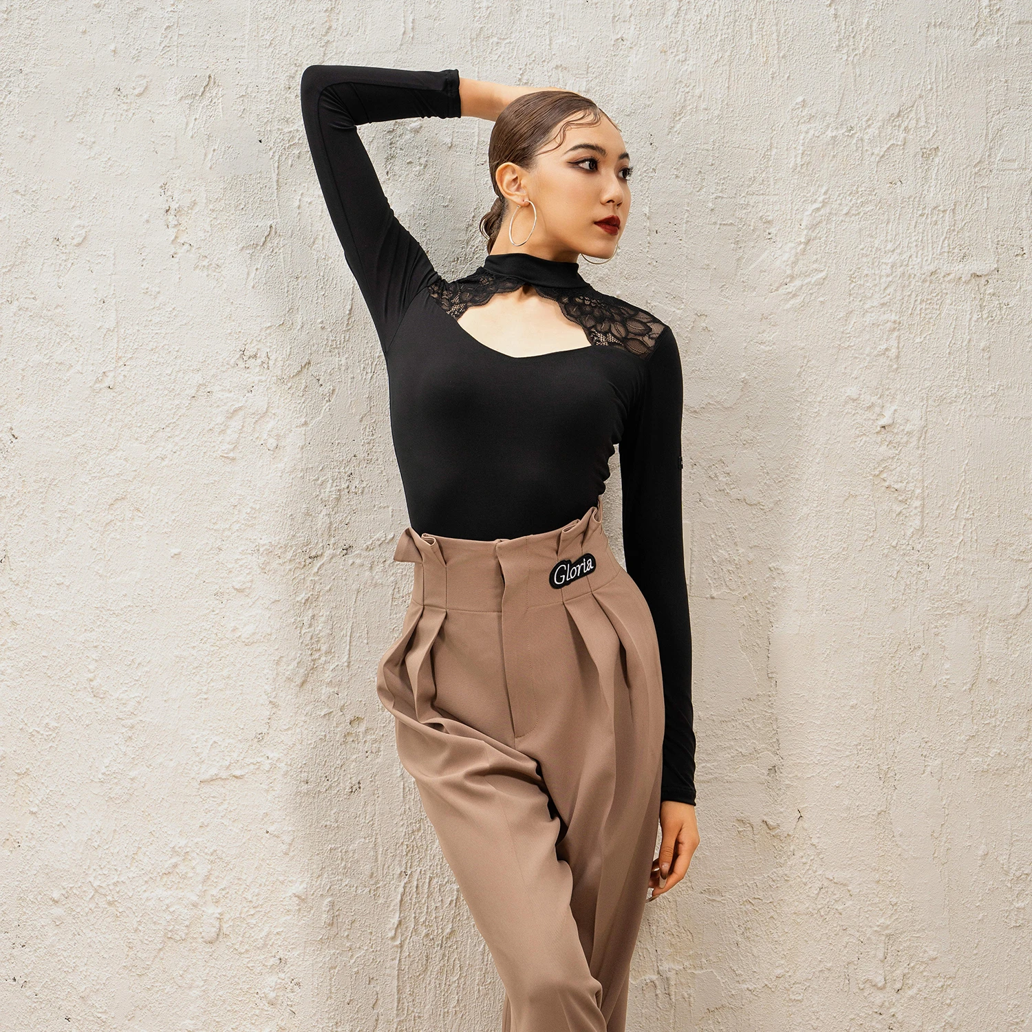 

Latin dance costume sexy lace long sleeved top+high waist slimming straight leg pants set modern dancing performance outfit