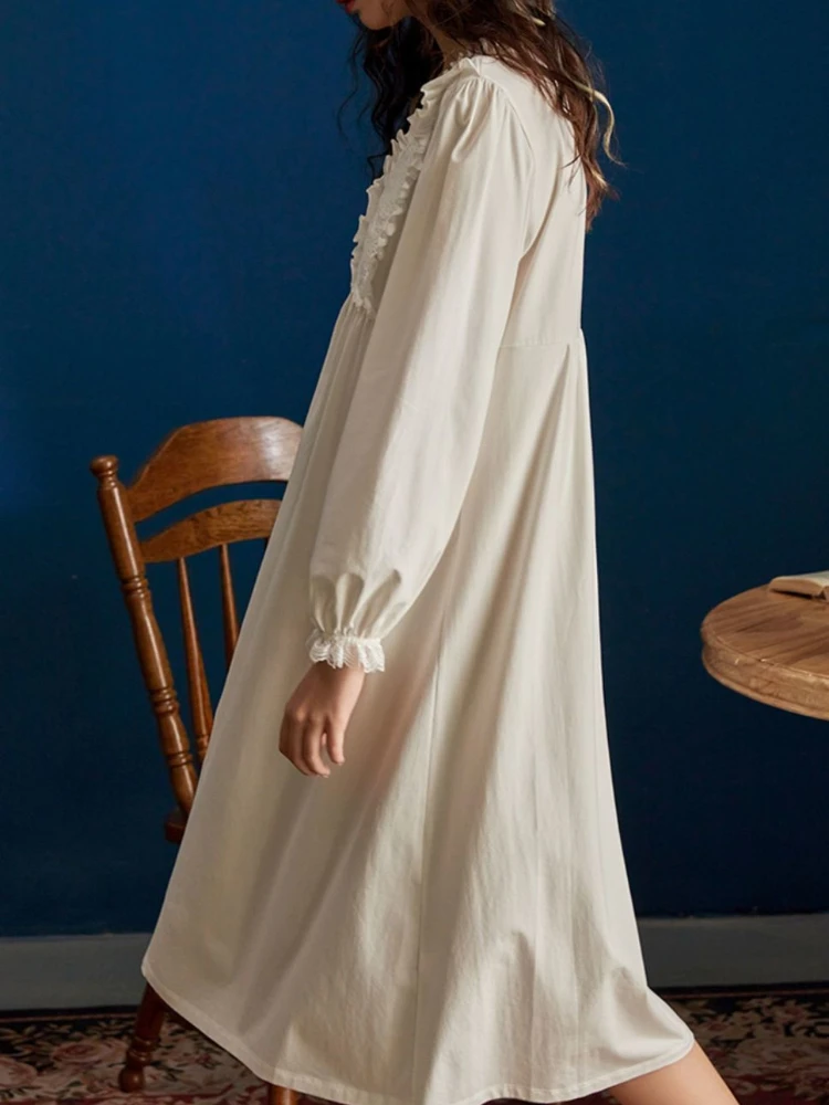 Chemise de nuit blanche à manches longues pour femmes, chemise de nuit à volants vintage français, robe de nuit mi-longue romantique simple pour la