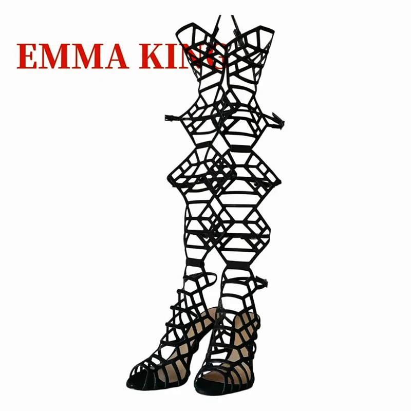 صنادل طراز جلاديتور نسائية صيفية عصرية مفتوحة من الأمام بكعب ستيليتو صنادل مجوفة بحزام بإبزيم أسود صندل فوق الركبة #1