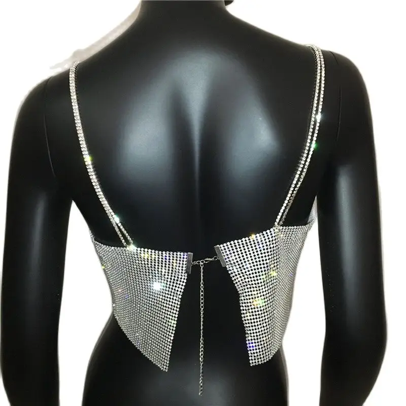 Halter en maille métallique scintillante pour femmes, haut court, cristal brillant, paillettes, sangle métallique, fête de festival, tenues sexy,