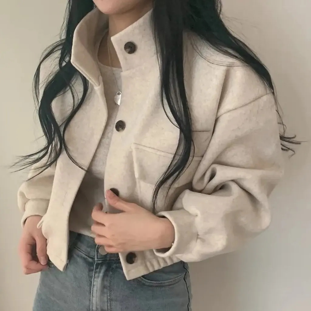 

Spring Summer New Korean Retro Motorcycle Short Coat Gray Woolen Loose Fit Stand Collar Women's Outerwear