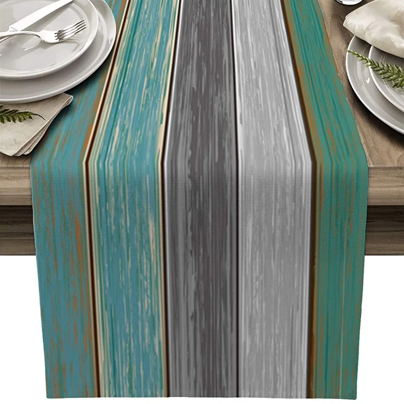 Turquoise Blue Green Brown Wood Striped Table Runner 72 Inches Summer Farmhouse Teal Table Runner Kitchen Dining Tables Decor