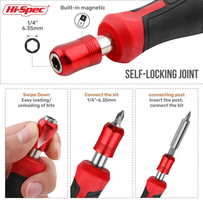 Hi-Spec Magnetic Screwdriver Bit Holder Handle, 1/4 Bit Bits Driver, Conjunto de ferramentas manuais, Slotted Hex, Torx, Phillips Bit