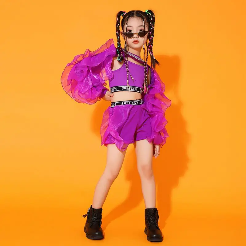 Dance Clothes Concert Stage Performance Wear 2023 New Girls Jazz Dance Costume Purple Fluffy Sleeves Suit Kids Hip Hop