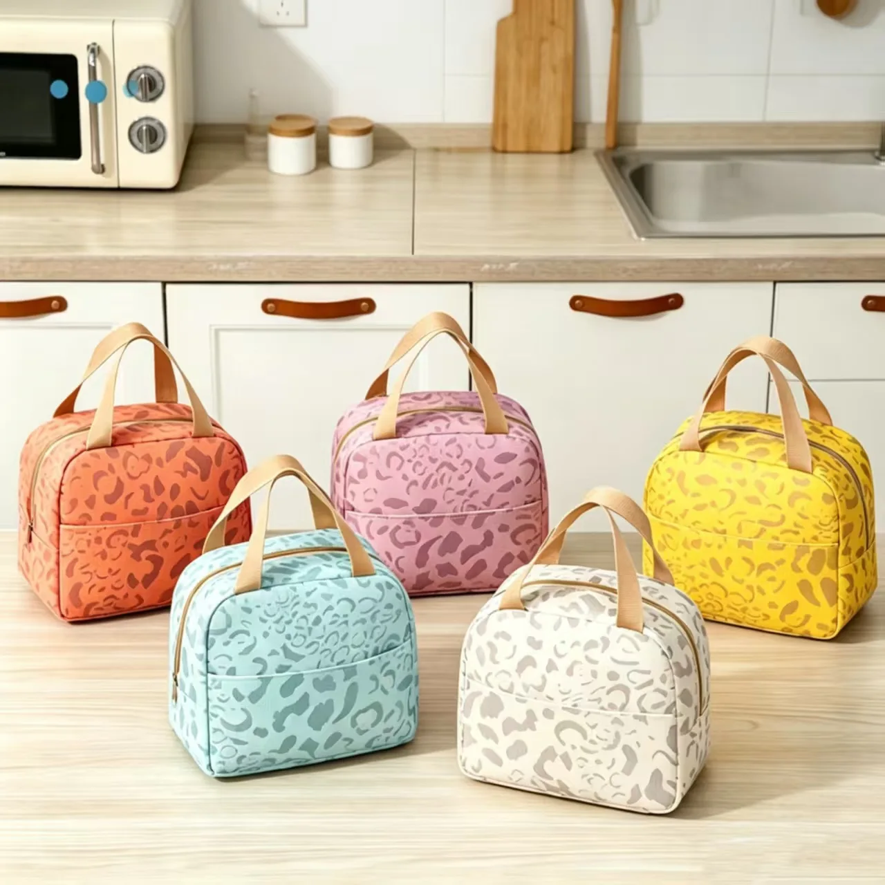 Ink Leopard Print Insulated Lunch Bag, Waterproof Portable Bento Bag, Large Capacity for Office Workers & Students