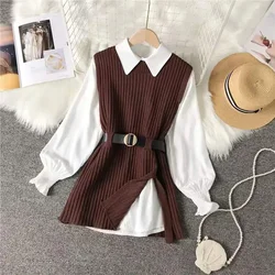 2024 primavera due 2 pezzi gilet lavorato a maglia Set donna camicia a maniche lunghe solido autunno Vintage stile College maglione con cintura top