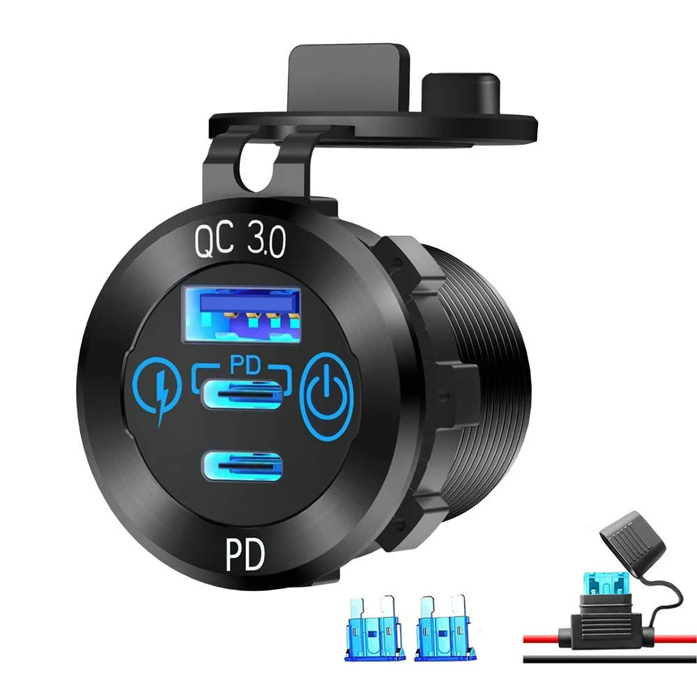 tomada-usb-de-90w-com-3-portas-12v-em-aluminio-carregador-rapido-automotivo-duplo-pd30-e-qc30-porta-usb-c-a-prova-d'Agua-para-carro-barco-rv-caminhao-atv