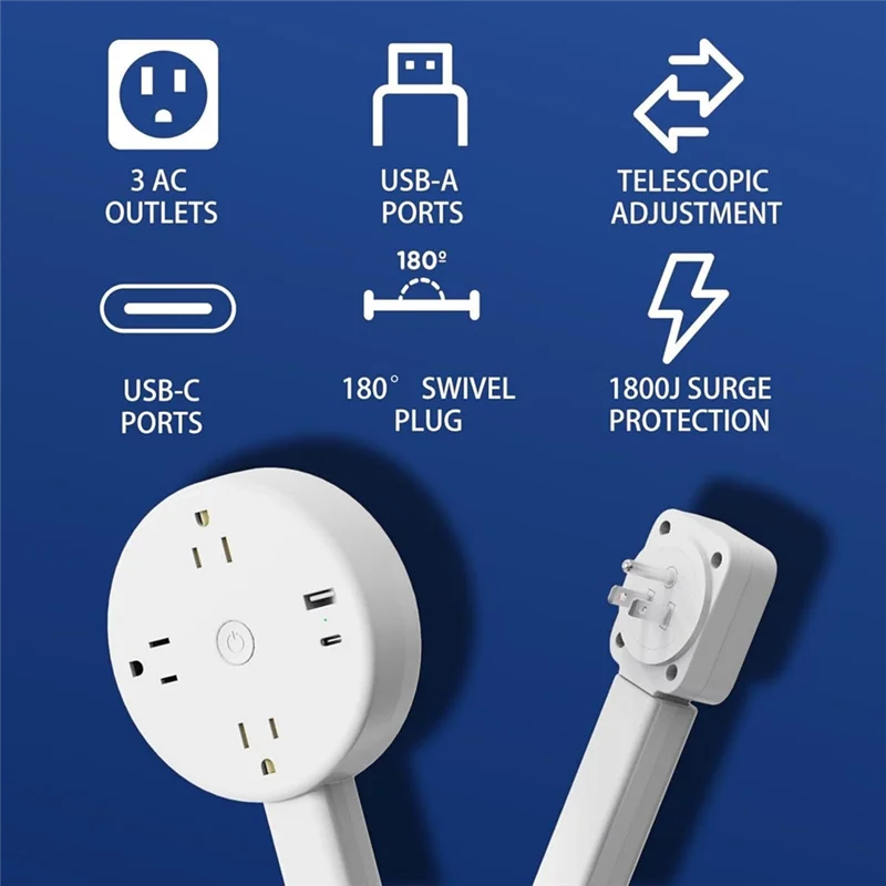 ABKO-Extensor de toma de corriente para uso doméstico y de oficina Stick-180 °   Rotación, longitud extensible (22 "- 27") con puertos USB-C y USB-A-enchufe estadounidense