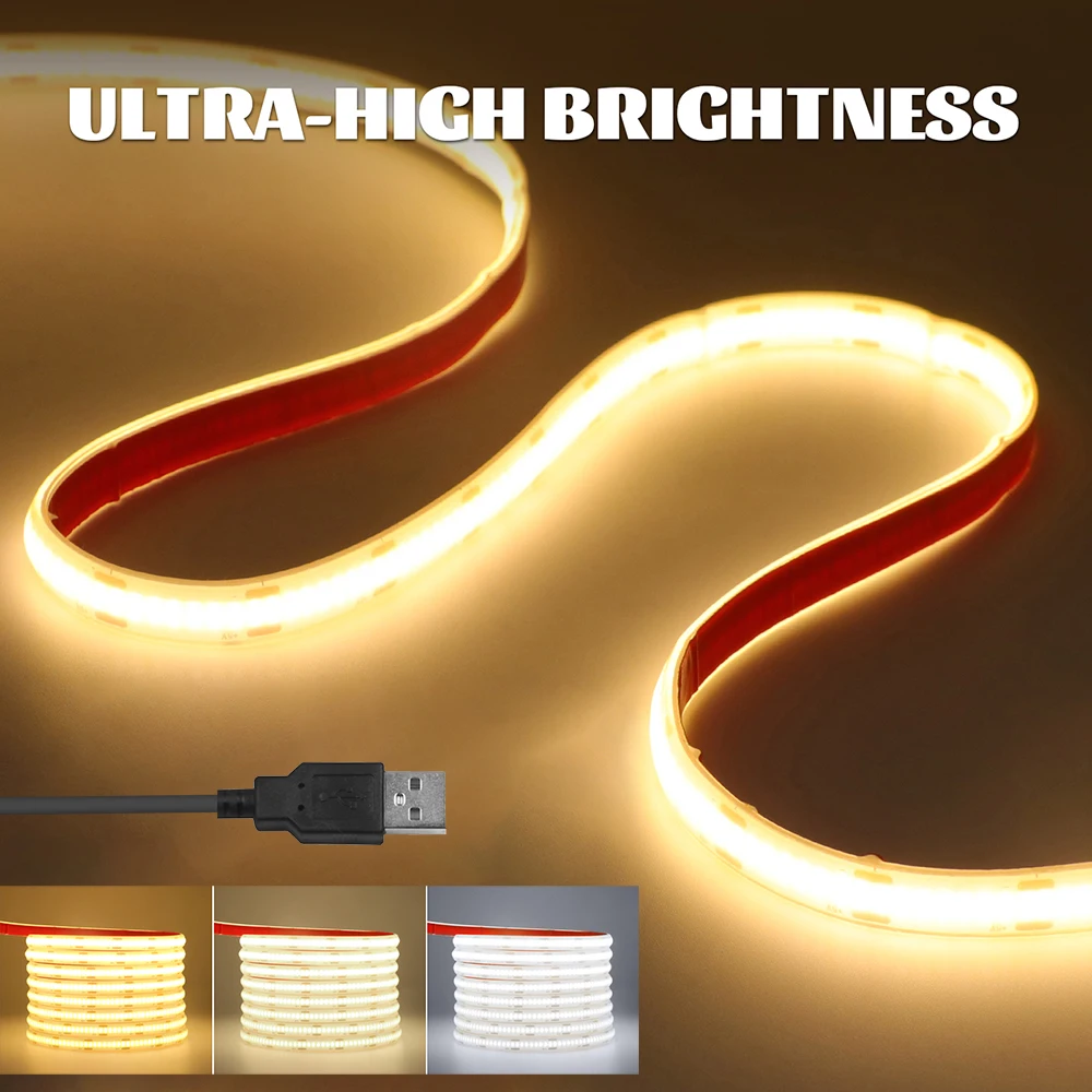 

5V COB LED Strip USB Powered IP68 Waterproof 3000K 4000K 6000K Light 320 LEDs Flex DC5V Cabinet Lamp TV Backlight Room Lighting