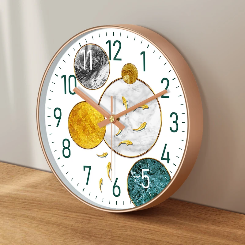 Color Blocked Wall Clock Koi Fish Time Management Silent Art Clock ABS Frame Metal Pointer for Living Room Bedroom Home Decor
