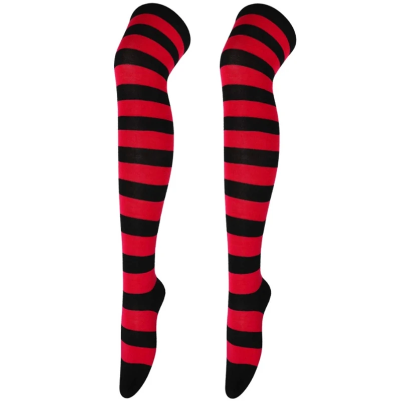 Women Vibrant Horizontal Wide Striped Thigh High Stockings Japanese Anime Cosplay Over Knee Long Socks Tights Leg