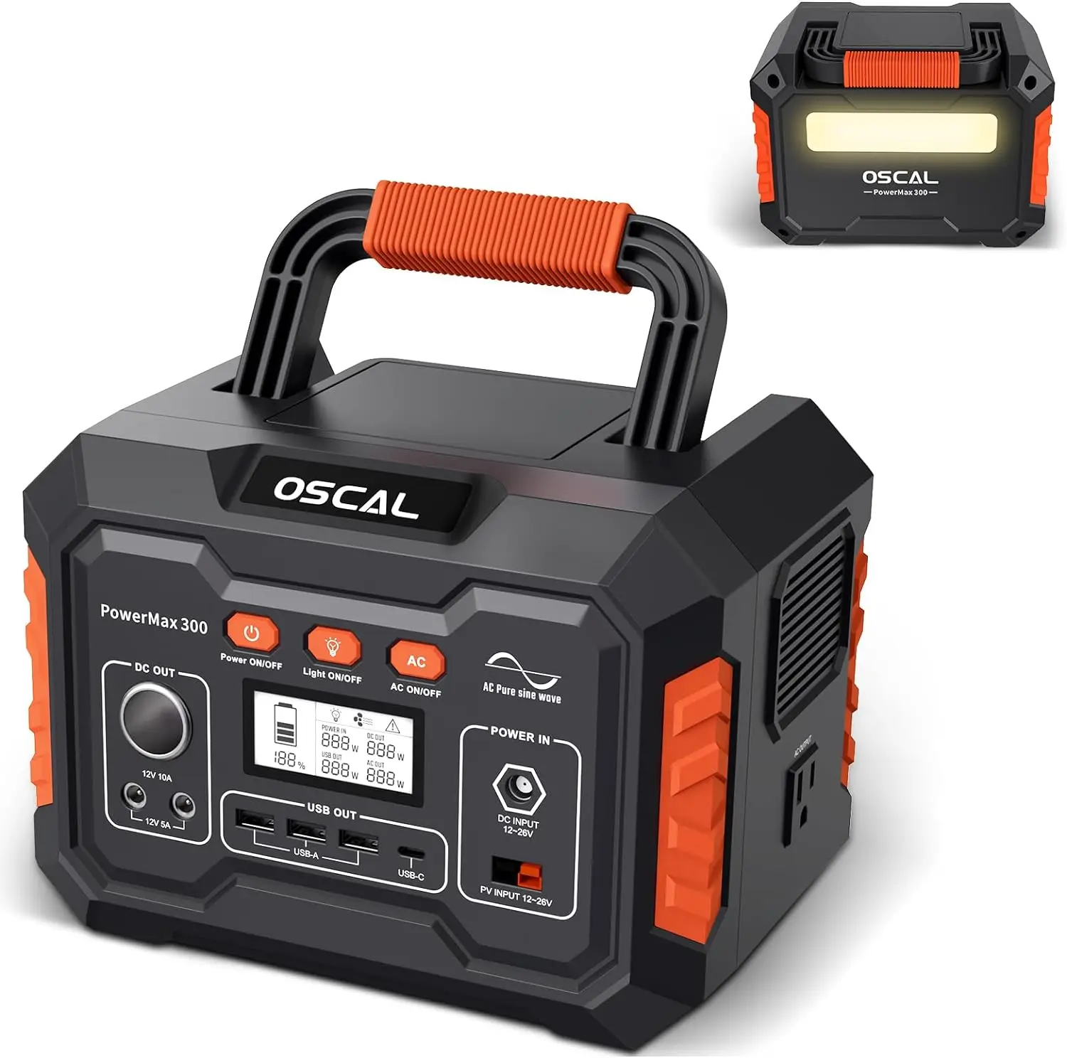 OSCAL Portable Power Station 300W (Peak 600W), Solar Generator with PD 60W Output, 8 Charging Outlets with LED Light, 110V/266W