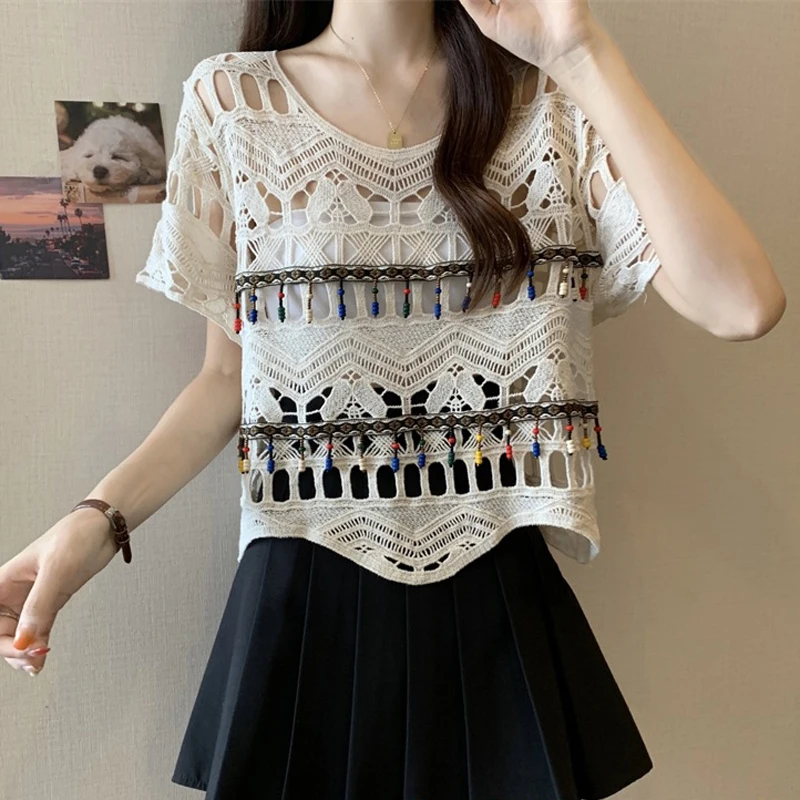 Boring Honey Summer Bohemian Fashion T-Shirt Women Hollow-Out Knitted Short Sleeves Top Women All-Match Sense Of Design T-Shirts