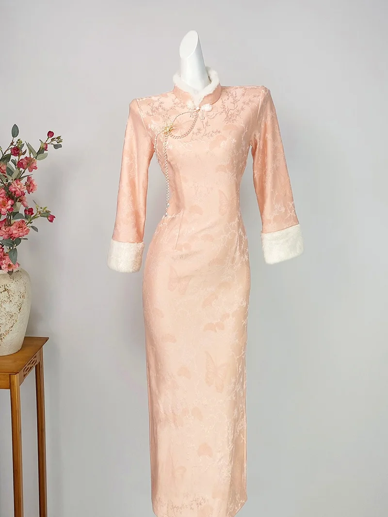 

Orange Pink Qipao Winter Thiened Fce Young Girl 2025 New Chinese Sle Beautiful Waist-Cinching Dr Warm Long Sve