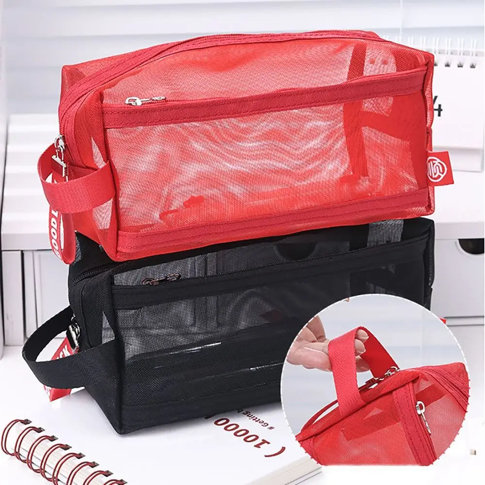 Trousse à Crayons en Maille Durable, Double Couche, Grande Capacité, avec Poignée, Sac de Rangement Portable