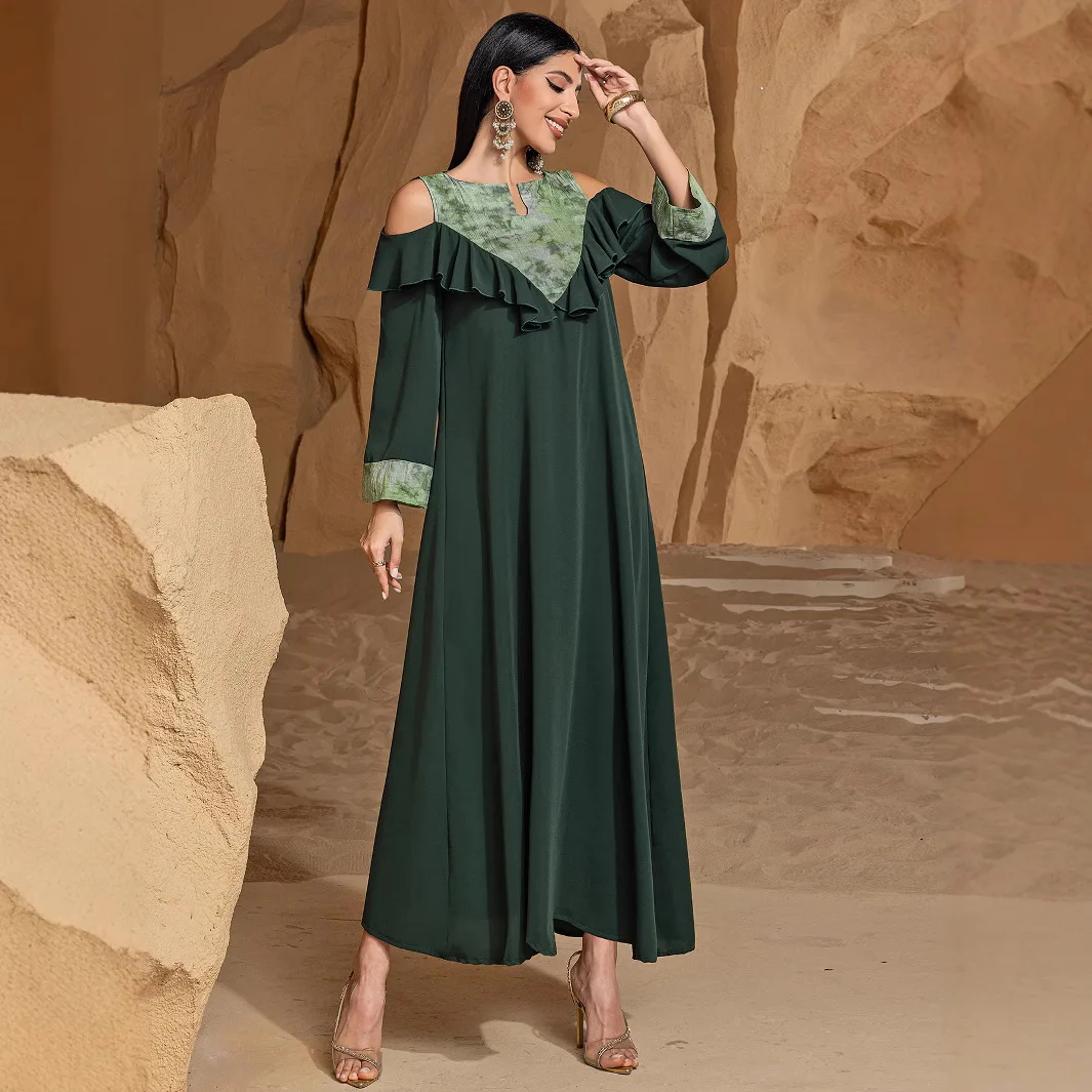 Ba5058 New Abaya Arabic Dress Long Dress with Ruffles Off-shoulder Long Dress Robe Abaya Ramadan Dubai Luxury Islam Elegant