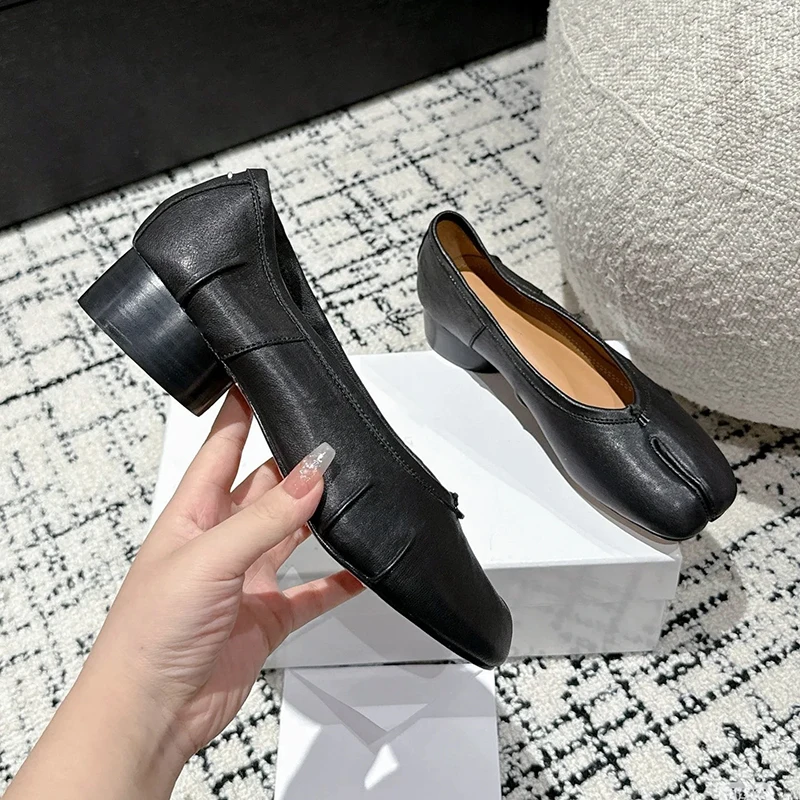 Genuine Leather Handcrafted Shoes 2025 New Style Womens High Heels Black Ballet Flats Crinkle-toe Shoes Designer Shoes image 4