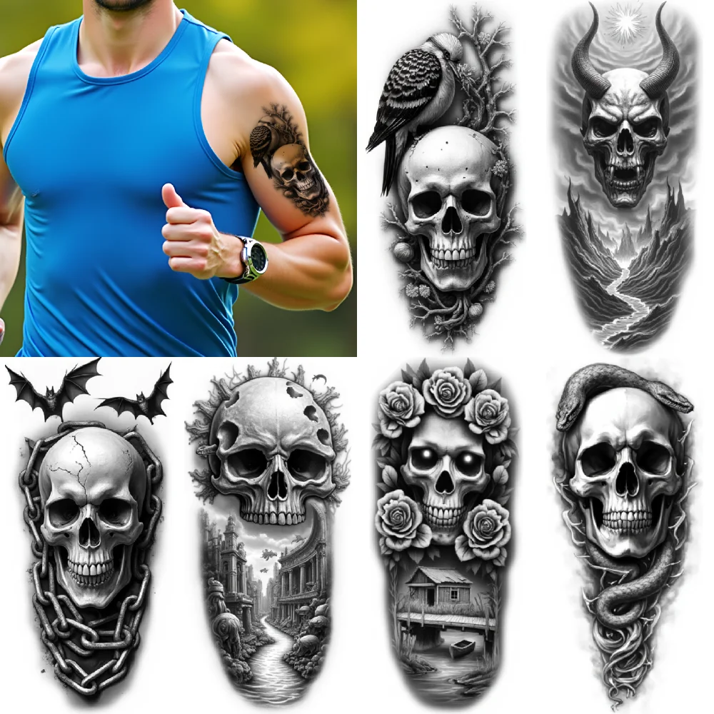 

3pcs Temporary Tattoo Black And Grey Realism Scorpion With Skull Horned Skull Skull With Bird For Women Adults Men