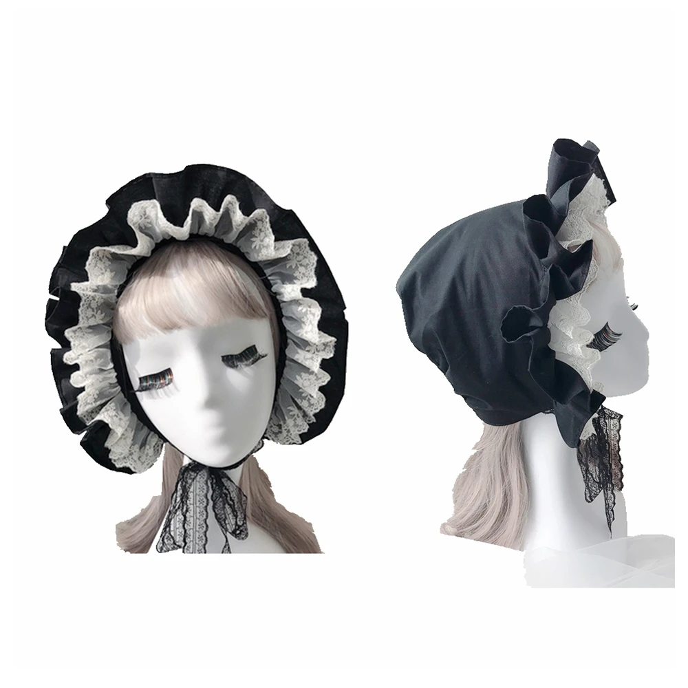 Lolita Ruffled Bonnet Hat Women Victorian Medieval Vintage Maid Cosplay Lace-up Adjustable Hat  Pumpkin Cap