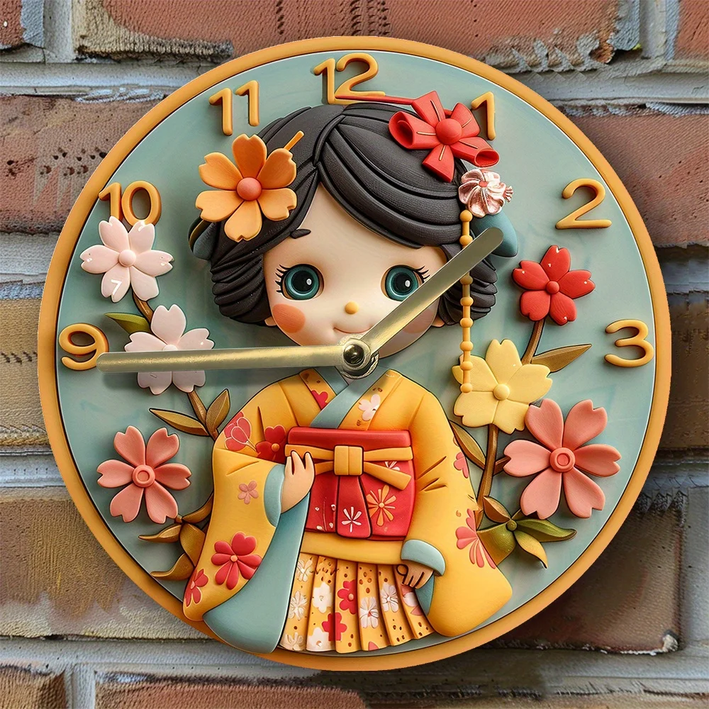 

2D Printed Silent Wall Clock with Japanese Kimono Theme, DIY Assembly Kit, Decorative Floral Clock for Kitchen & Home Decor