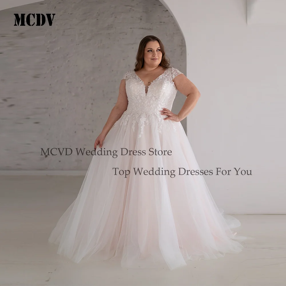 MCDV robes de mariée en dentelle pour femmes grande taille a-ligne Applique Cap manches Tulle Boho robes de mariée dos nu balayage Train personnalisé