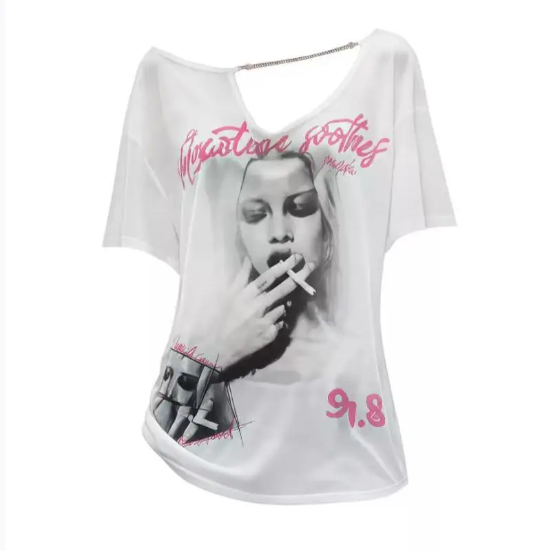 Grunge White Slant Shoulder Tops Vintage Portrait Letter Print Short Sleeve Tee Irregular Off Shoulder Daily Casual Wear