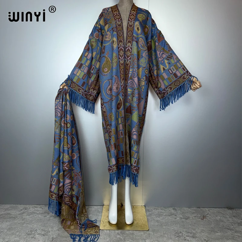 WINYI Autumn Women tassel kimono with scarf Long Coat Loose cardigan femme Thick Warm winter fashion kaftan abaya dubai luxury