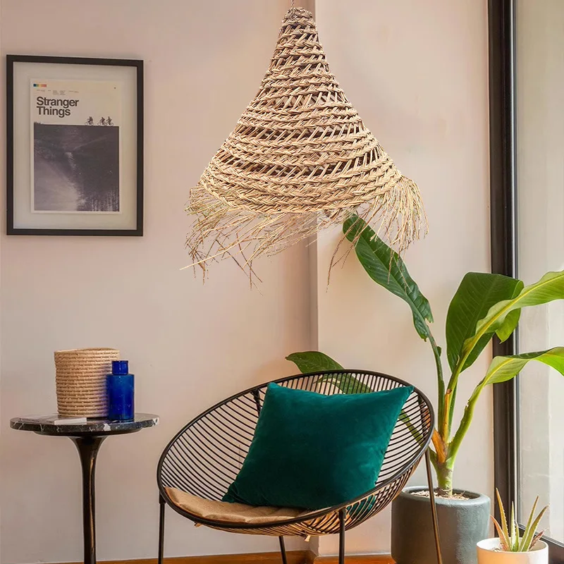 Zen chandelier cone seaweed fringed lamp new Chinese rattan living room dining room tea room B & B wabi sandy wind chandelier