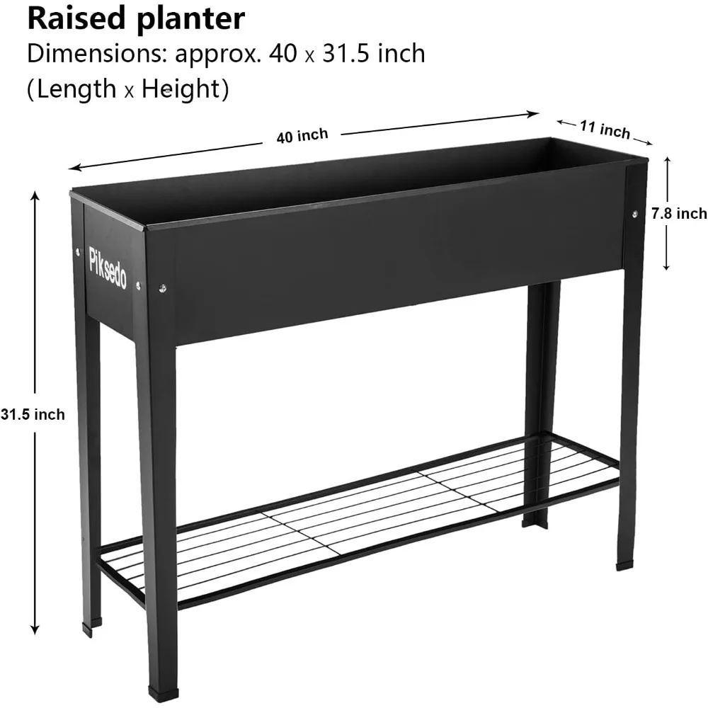 Piksedo Raised Garden Bed, Elevated Planter Metal Plant Box with Legs Standing Garden Stand Drainage Holes Frosted Black