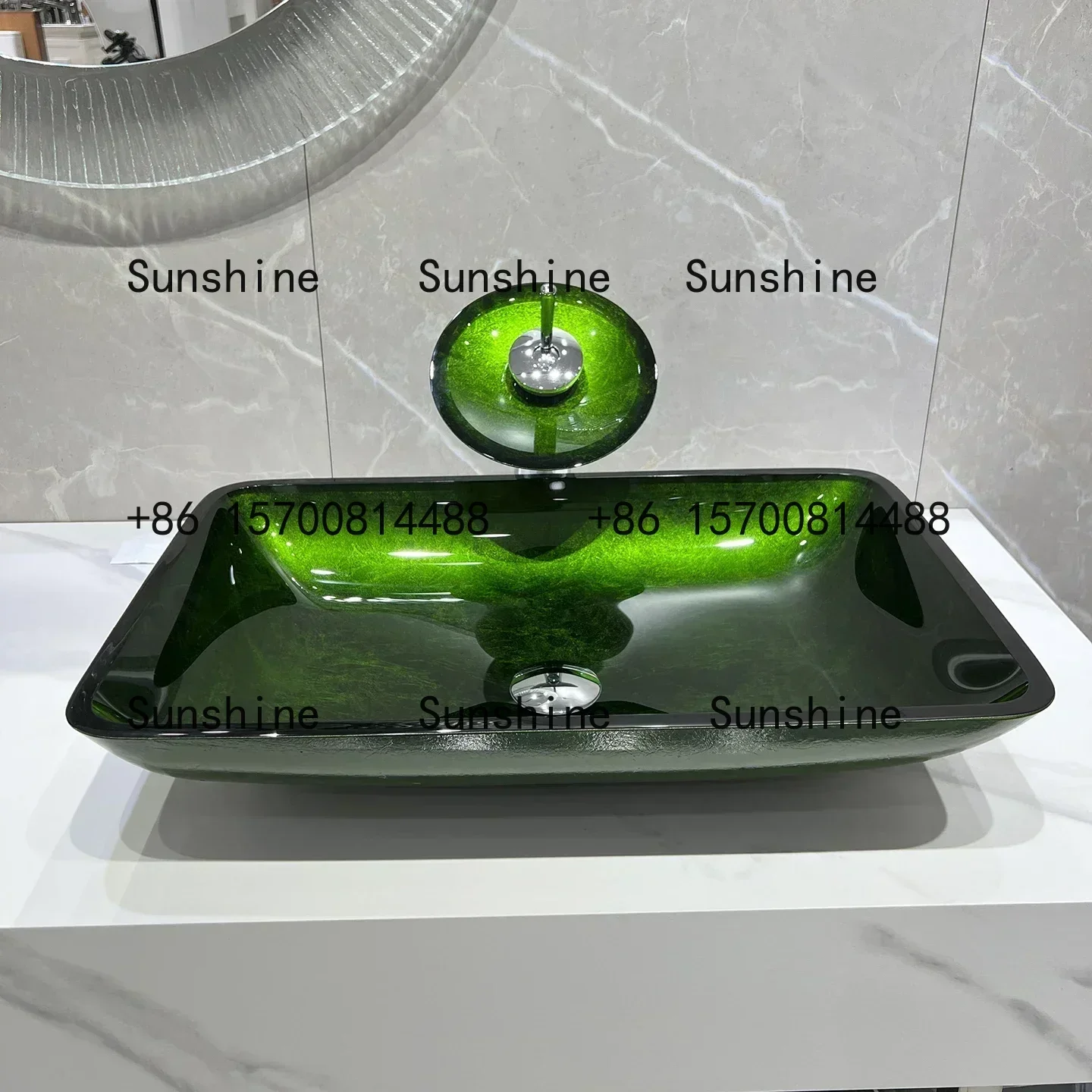 Matcha Green, Tempered Glass Wash Basin, Household Table Basin, Retro Art Basin, Creative Rectangular Washbasin.T