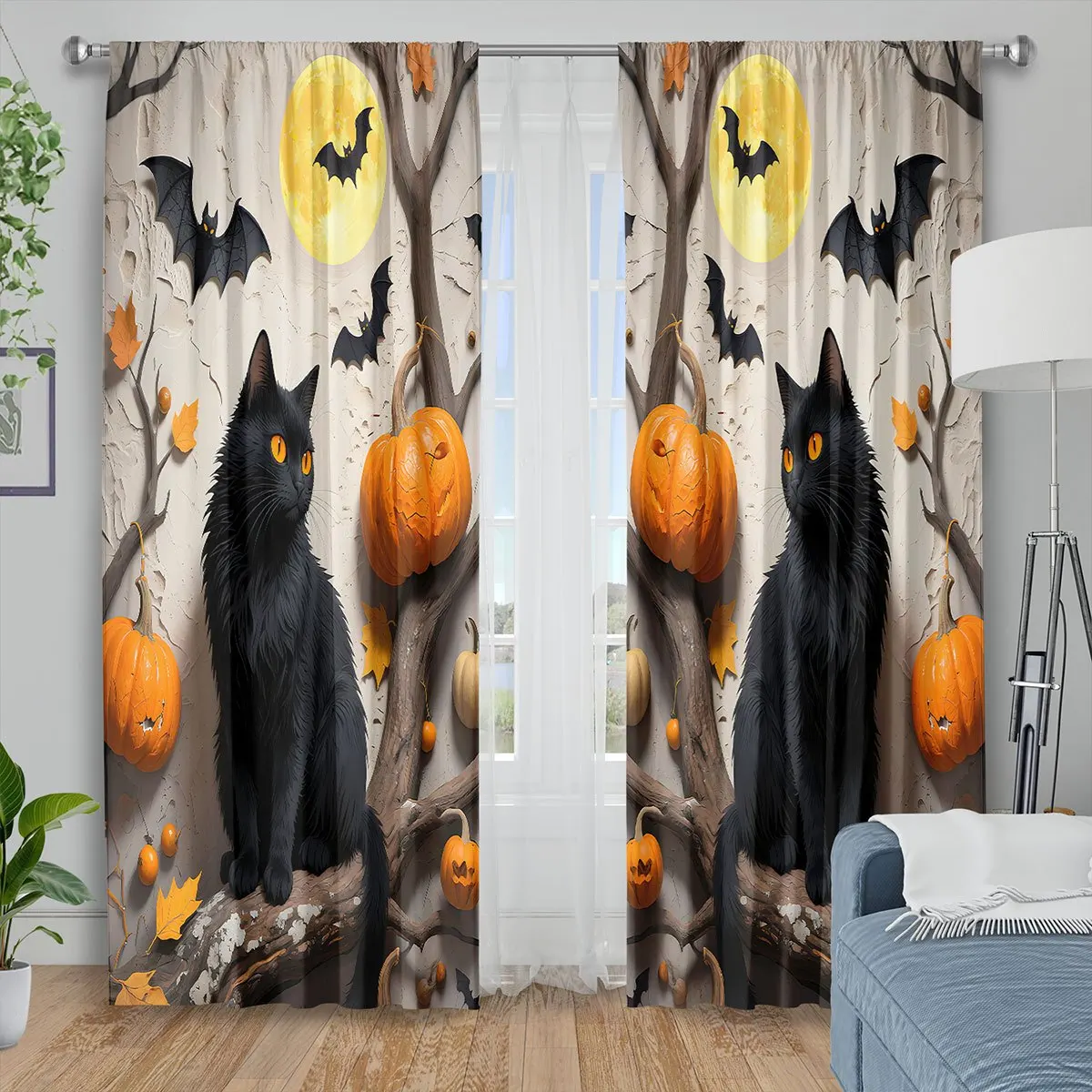 2PCS Halloween Fall Curtains, Black Cat Pumpkin Moon, Digital Print, Bedroom Living Room, Office, Kitchen, Dining Room