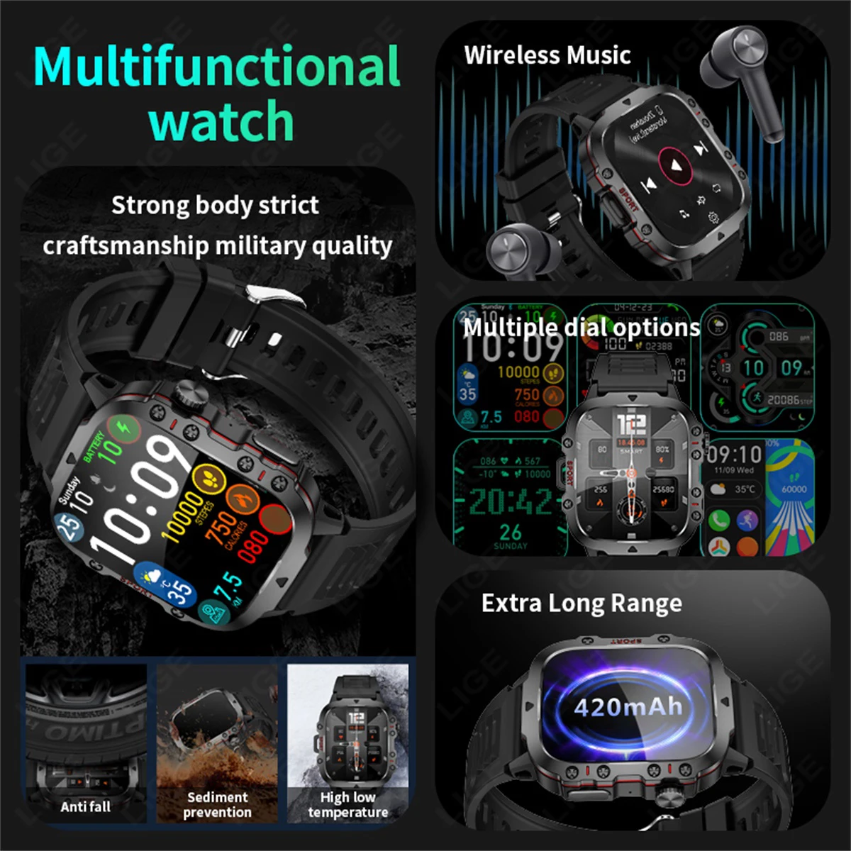 LIGE New Smart Watch 1.96 Inch Screen 420 mAh Bluetooth Call Voice Assistant Watch Sports Fitness Waterproof Smartwatch For Men