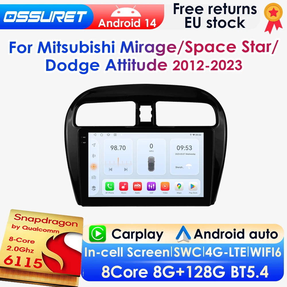 AI Carplay Android 14 Autoradio für Mitsubishi Mirage/Space Star 2012-2023 Multimedia 4G DSP BT RDS 360-Grad-Kamera mit Snapdragon6115